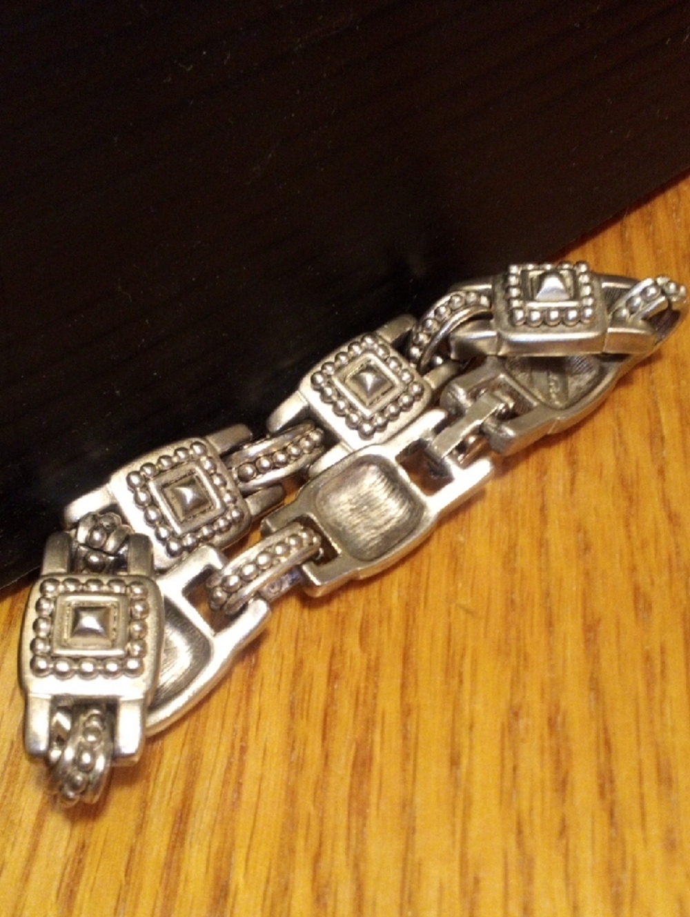 Ornate Silver-Tone Square Link Bracelet